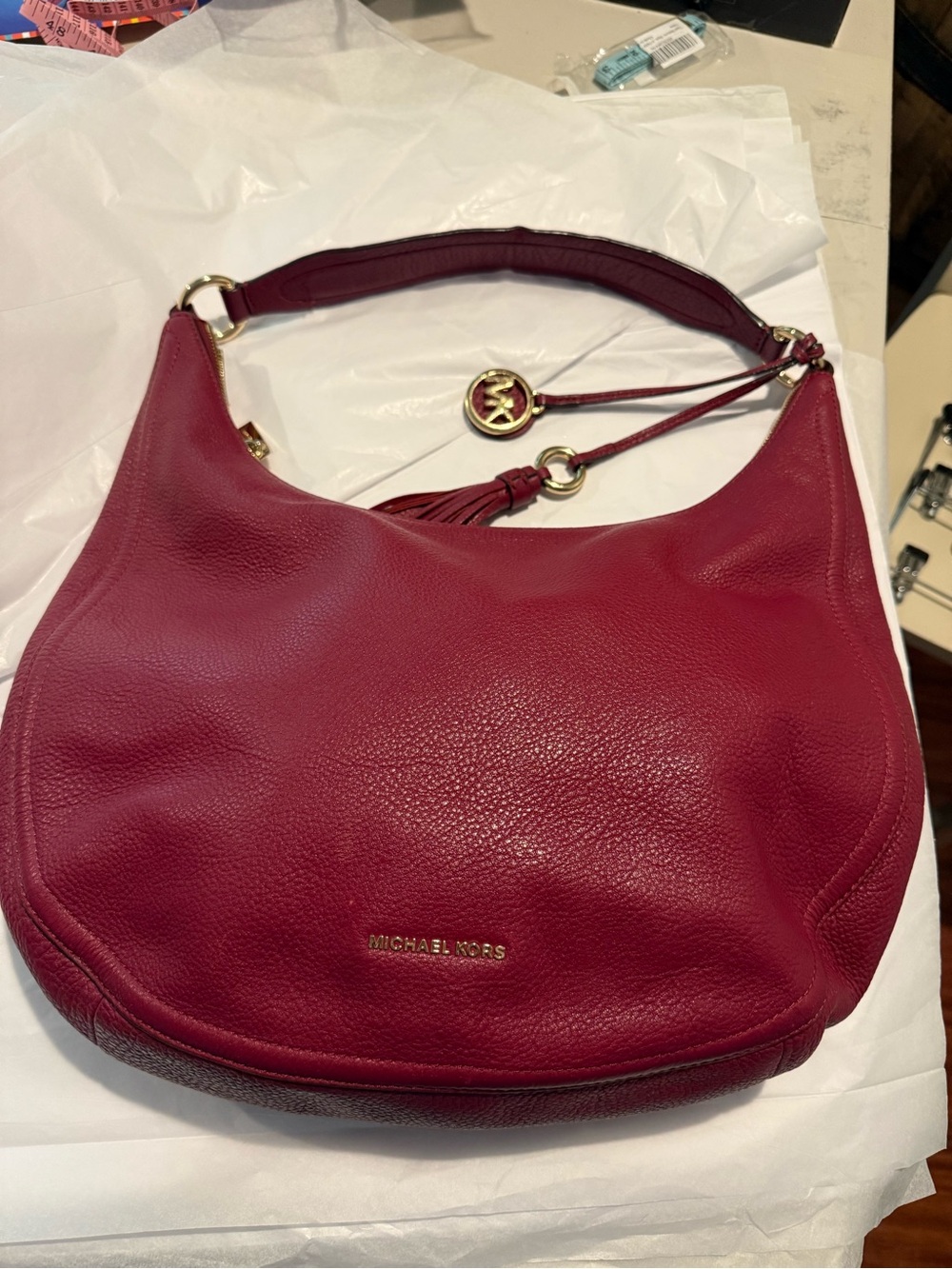 Michael Kors Burgundy Pebbled Leather Hobo Shoulder Bag Gold Hardware